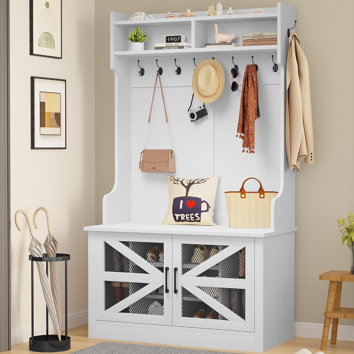 Dwvo Farmhouse Hall Tree Entryway Bench With Coat Rack And Shoe Storage 